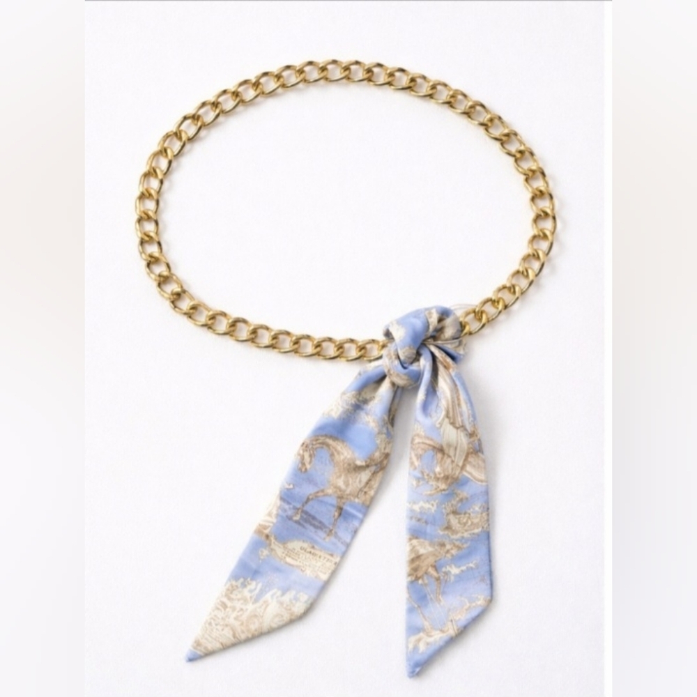 J. MCLAUGHLIN Silk Sash Tie Gold Chain Belt Preppy Equestrian Coastal Grandma